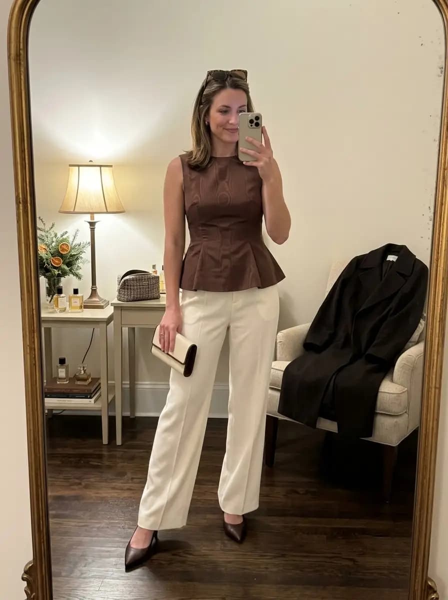 Brown peplum top with cream straight-leg trousers and dark pumps