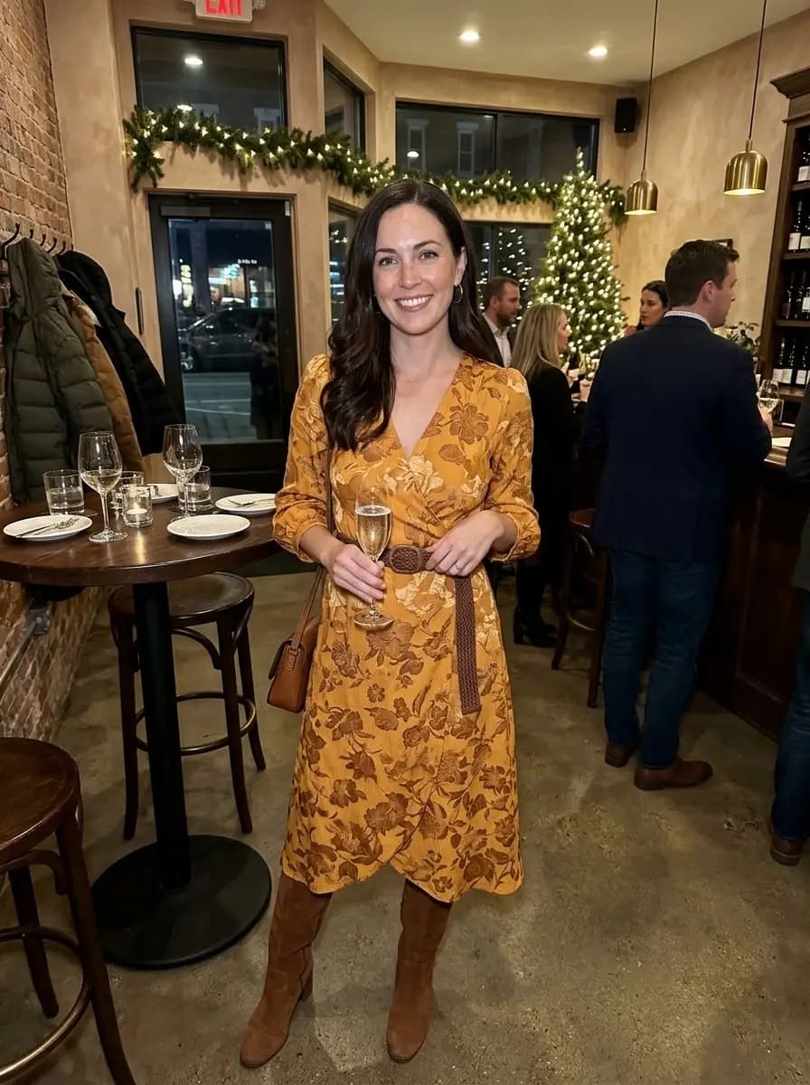 Yellow ochre floral wrap dress with brown suede boots and tan bag