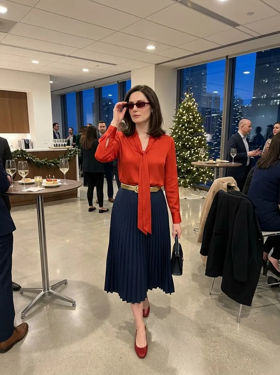 Red silk tie-neck blouse with navy pleated midi skirt and red pumps