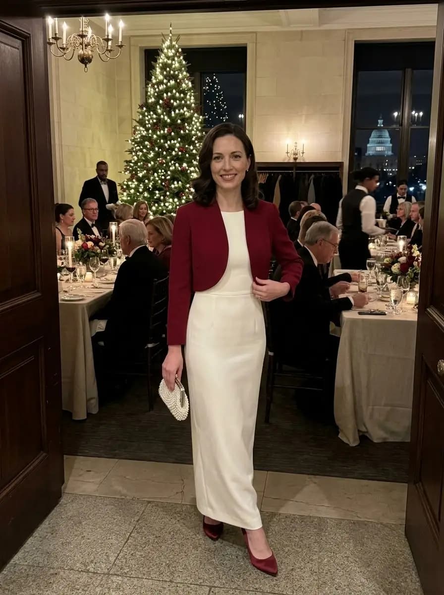 Ivory sheath dress with cropped burgundy jacket and wine accessories