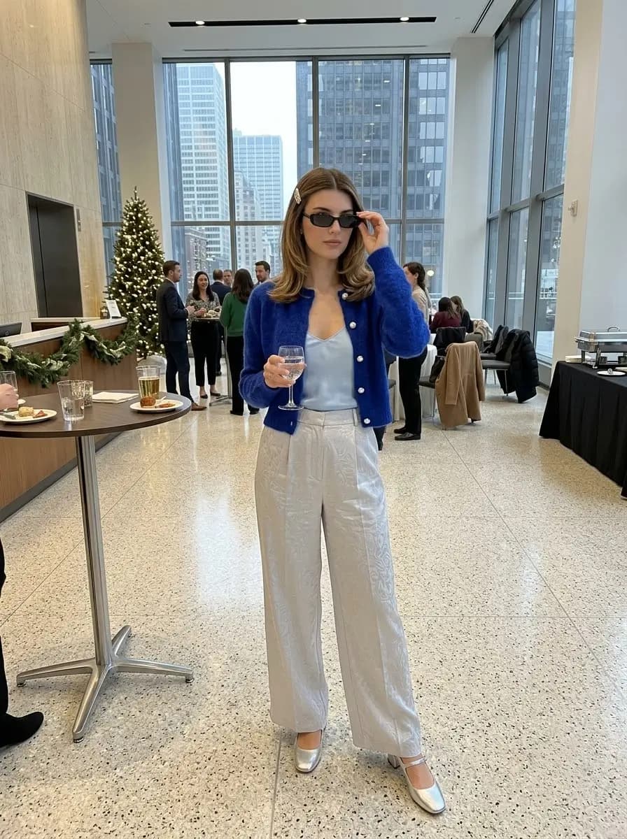 Light blue camisole, cobalt cardigan, and silver wide-leg trousers