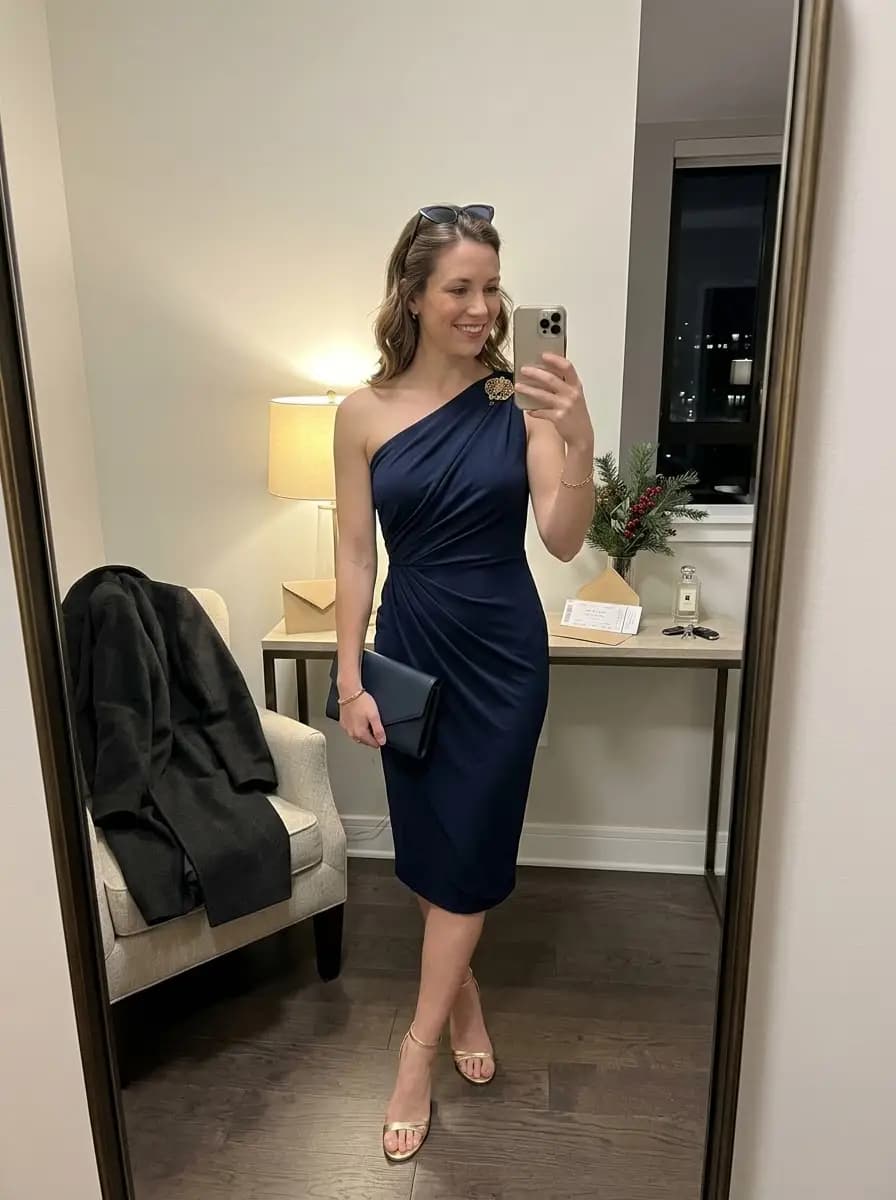 Navy one-shoulder ruched dress with gold strappy heels