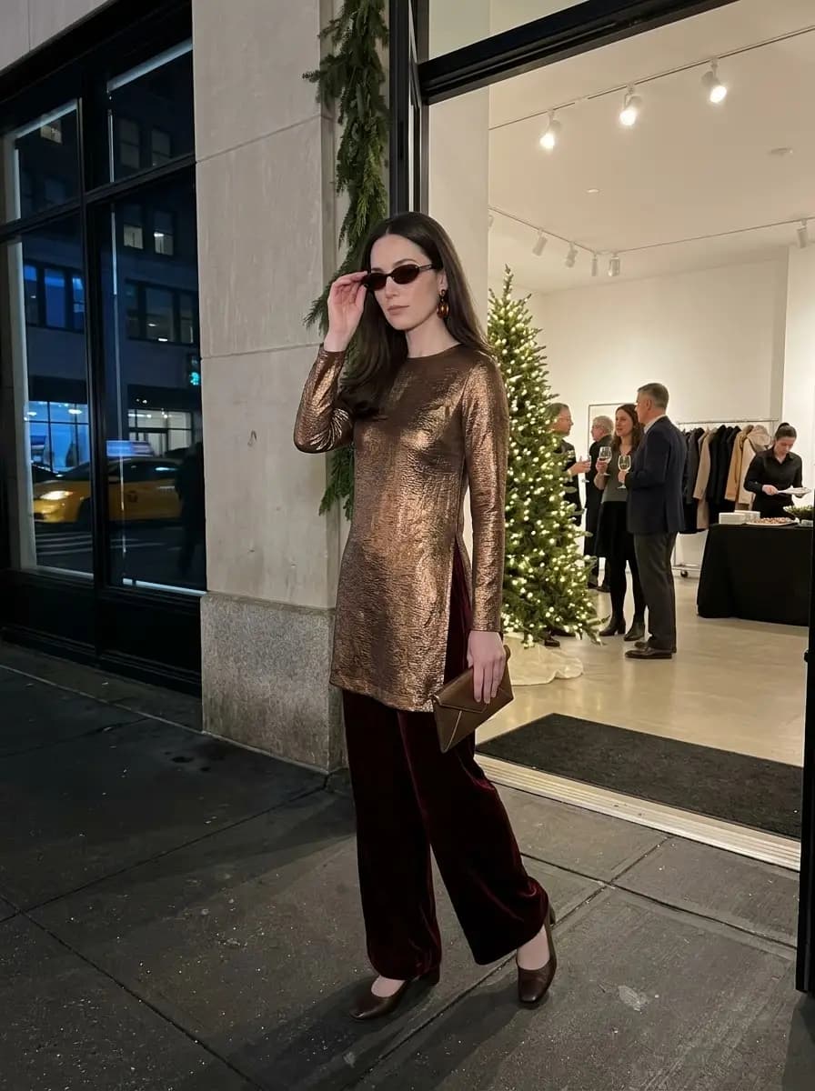 Bronze metallic tunic top with burgundy velvet trousers