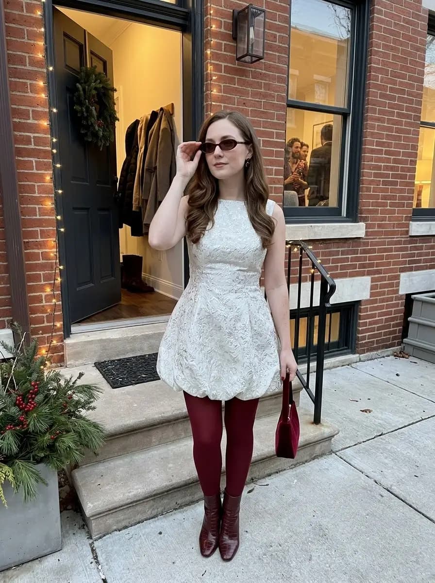 Ivory brocade mini dress with burgundy tights and glossy ankle boots