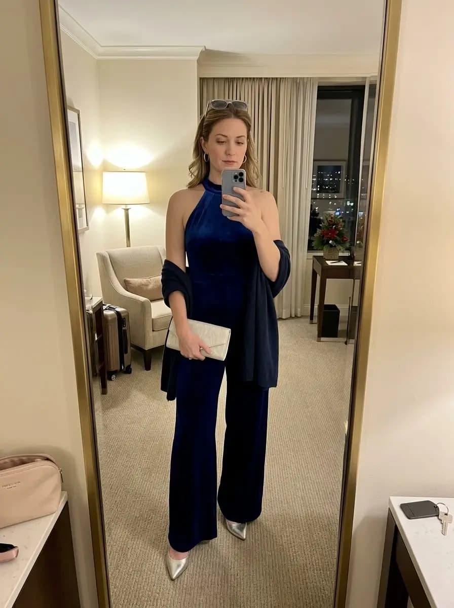 Navy velvet jumpsuit with halter neckline, navy scarf, and silver heels