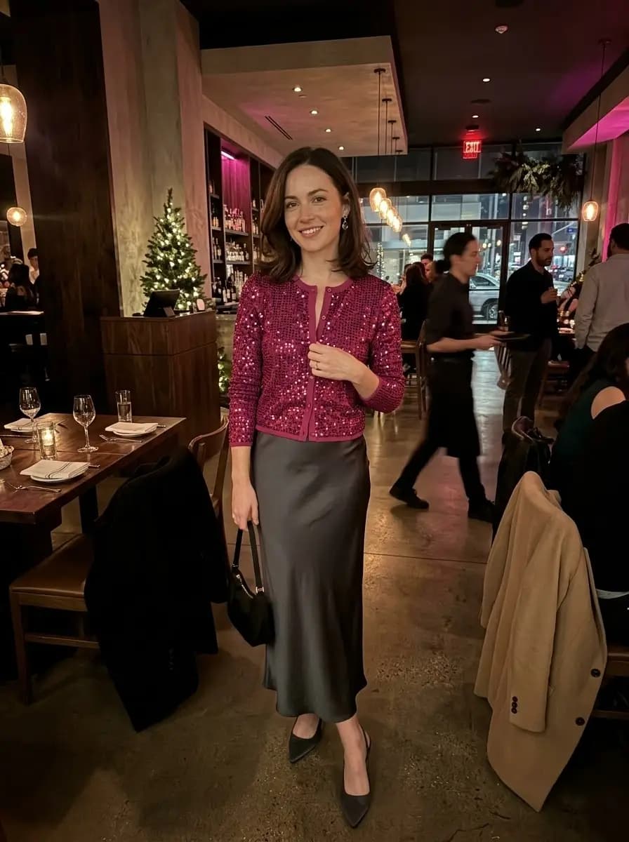 Berry pink sequin cardigan with charcoal satin midi skirt and black slingbacks