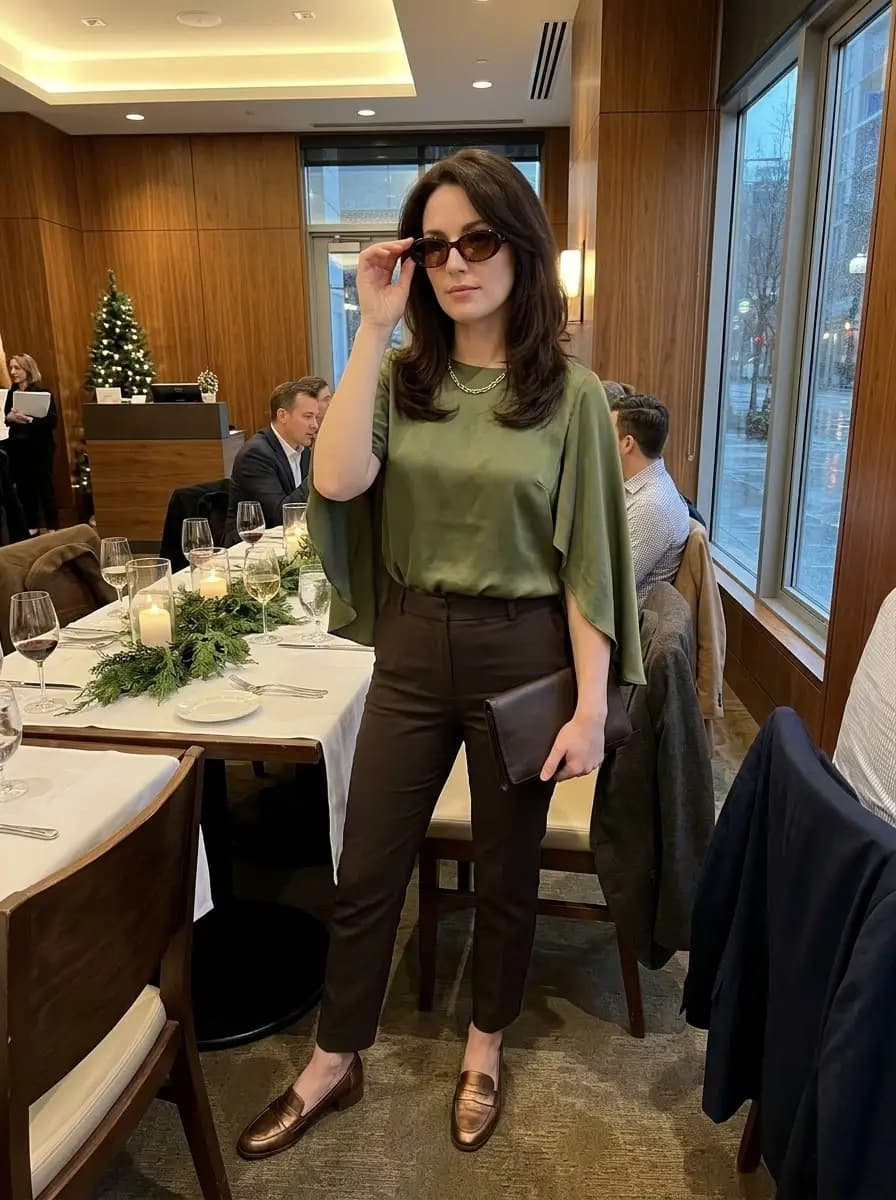 Olive green satin cape blouse with deep brown tailored trousers and bronze loafers