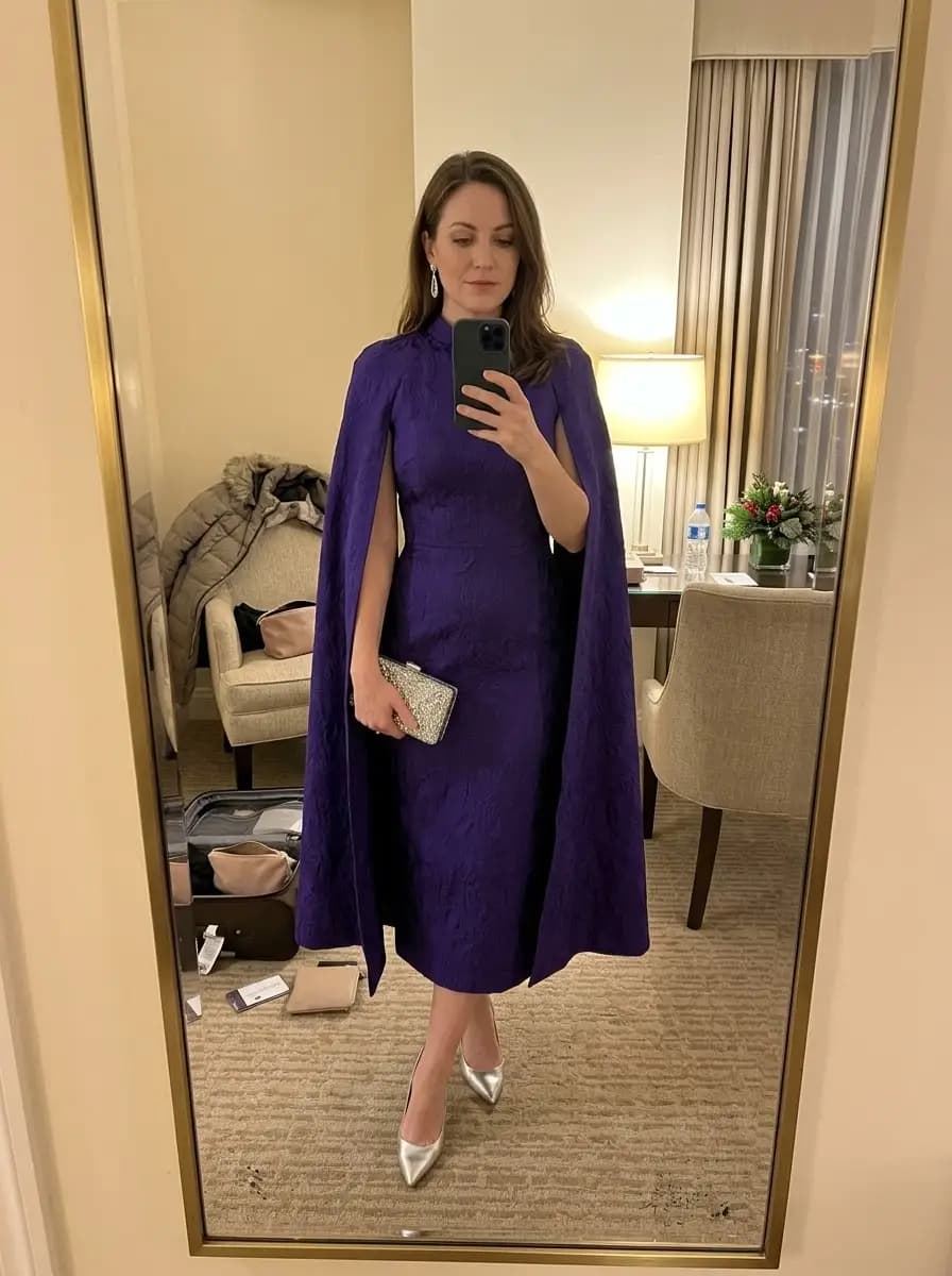 Purple jacquard dress with cape sleeves, silver pumps, and sparkly clutch
