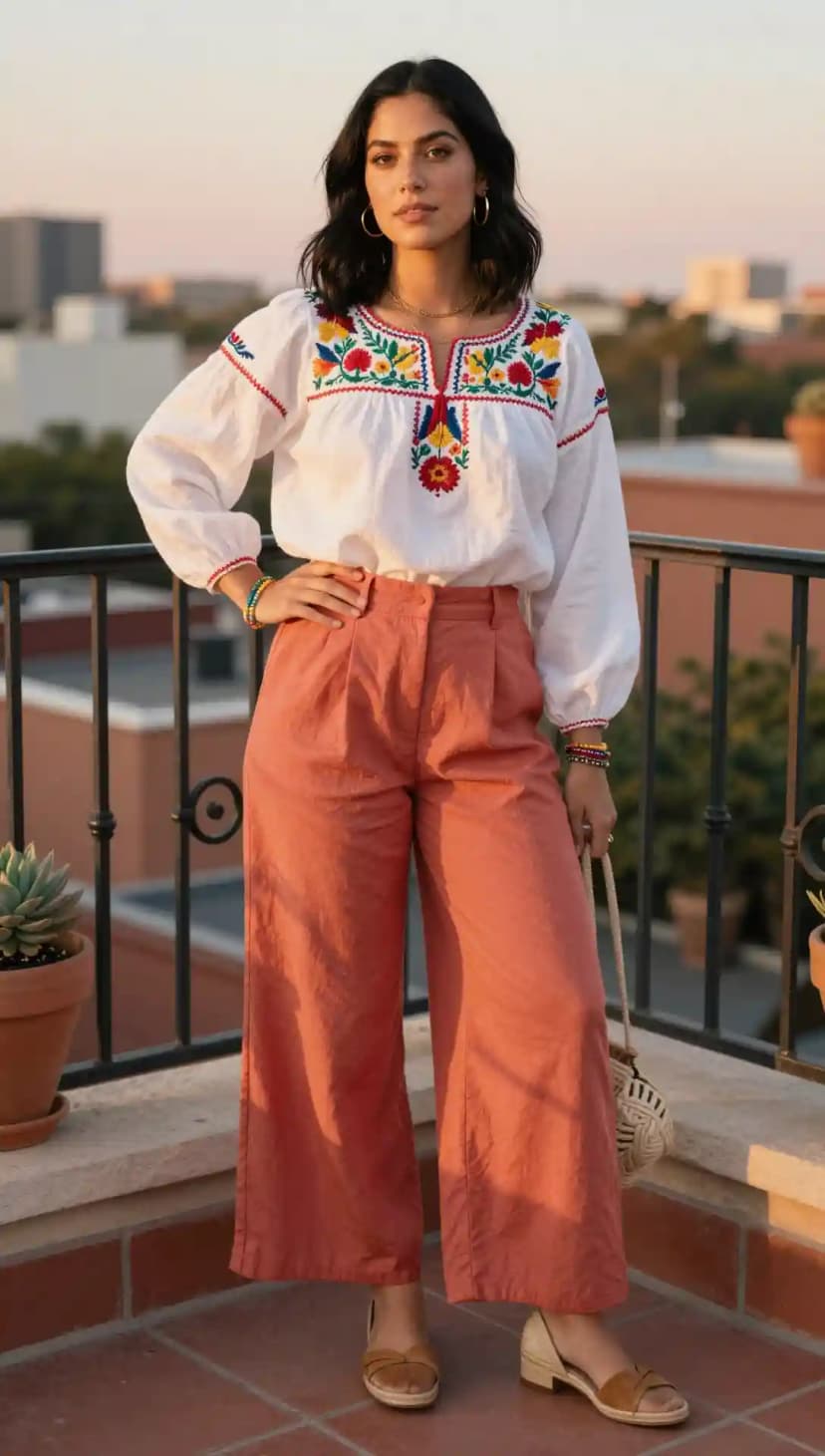 White Embroidered Cotton Blouse + Terracotta Linen Wide-Leg Pants