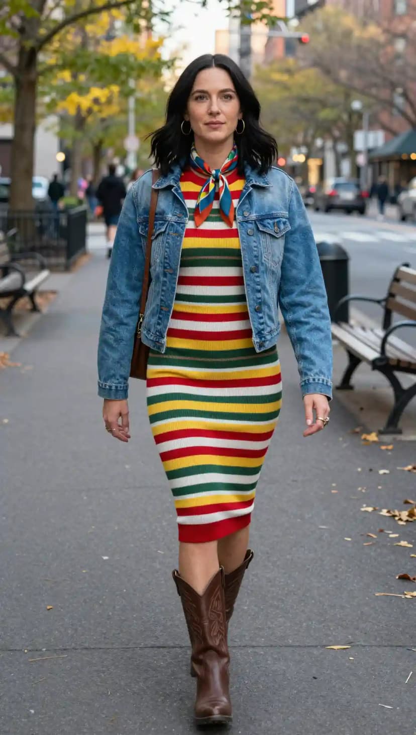 Blue Denim Jacket + Multicolor Striped Knit Dress + Brown Leather Cowboy Boots