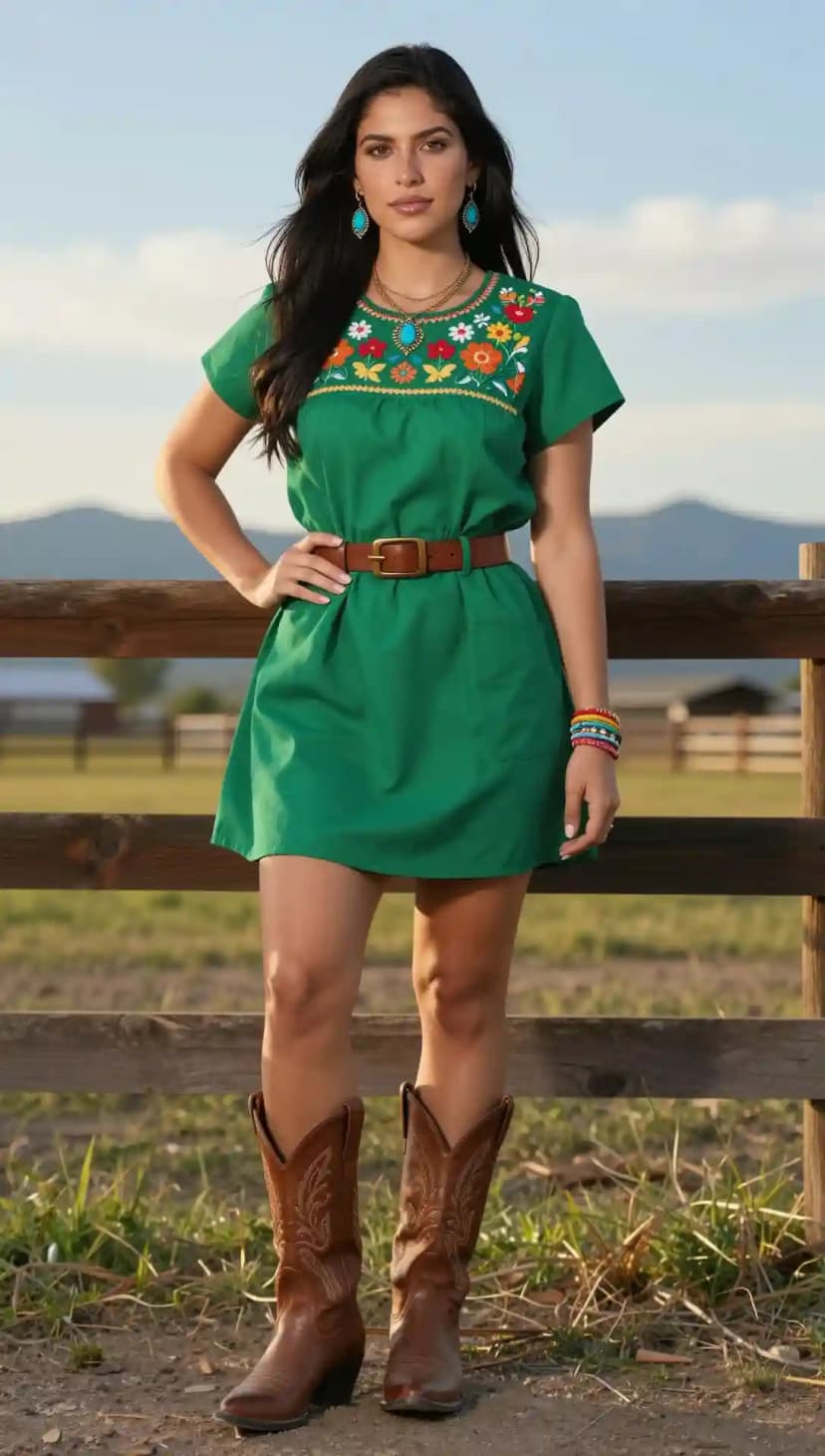Green Embroidered Cotton Dress + Brown Leather Belt + Brown Leather Cowboy Boots