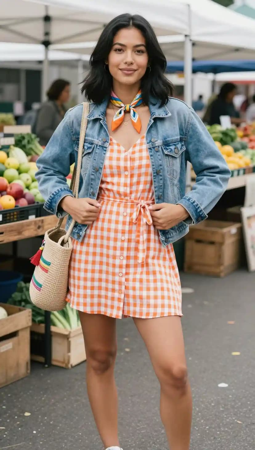 Blue Denim Jacket + Orange Gingham Cotton Dress + Straw Woven Tote Bag