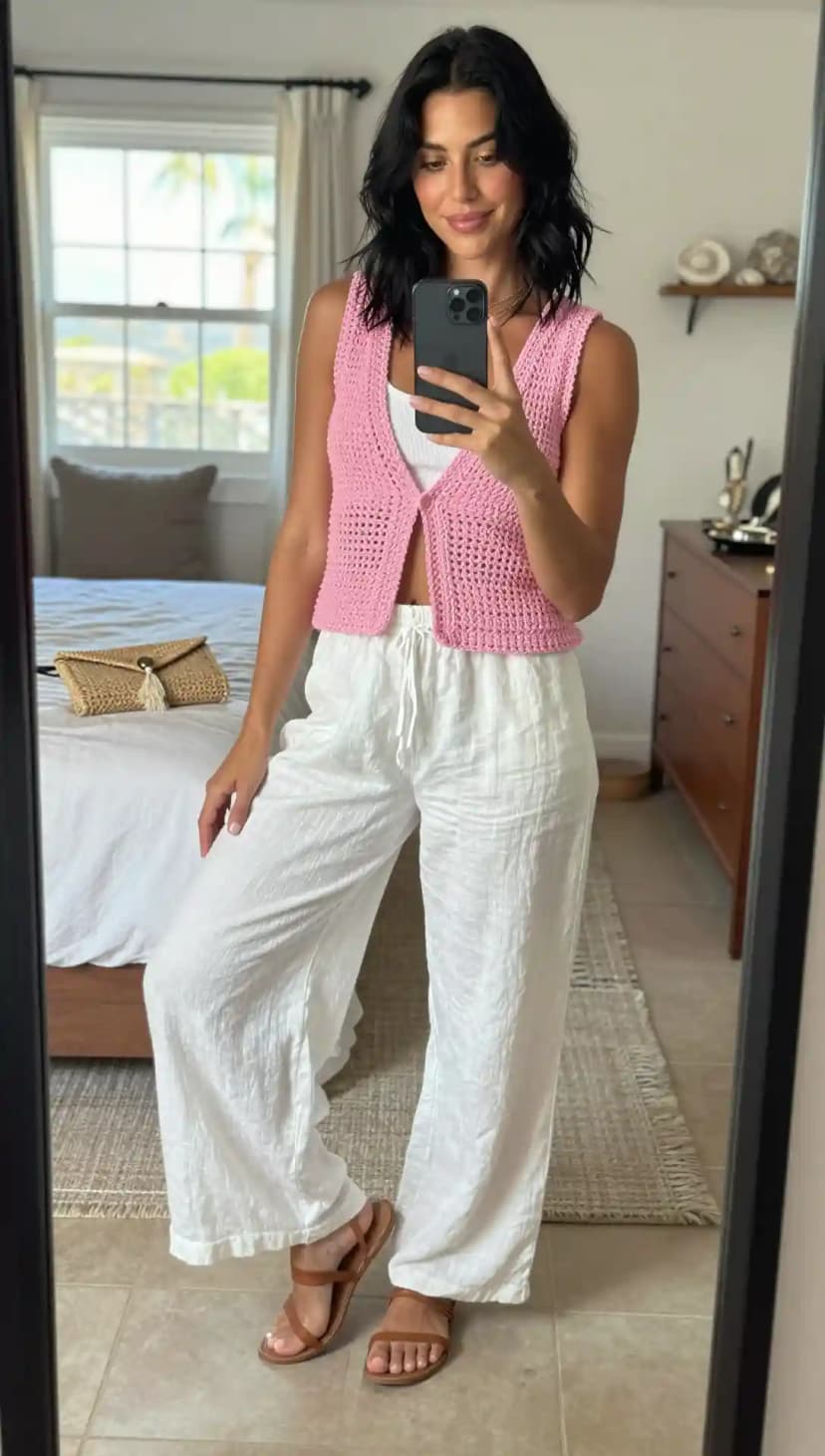 Pink Crochet Knit Vest + White Linen Wide-Leg Pants