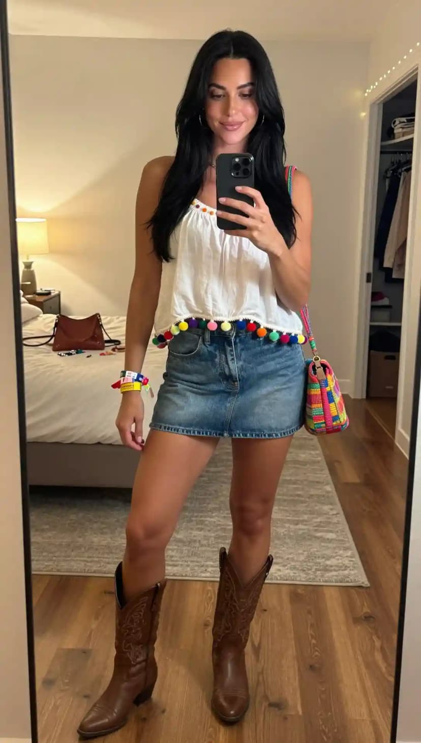 White Pom Pom Tank + Blue Denim Mini Skirt + Brown Leather Cowboy Boots