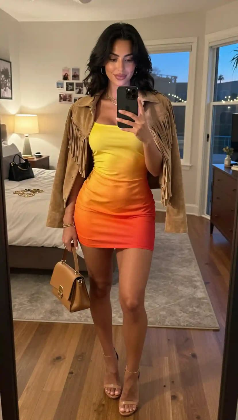 Tan Suede Fringe Jacket + Yellow Orange Ombre Mini Dress