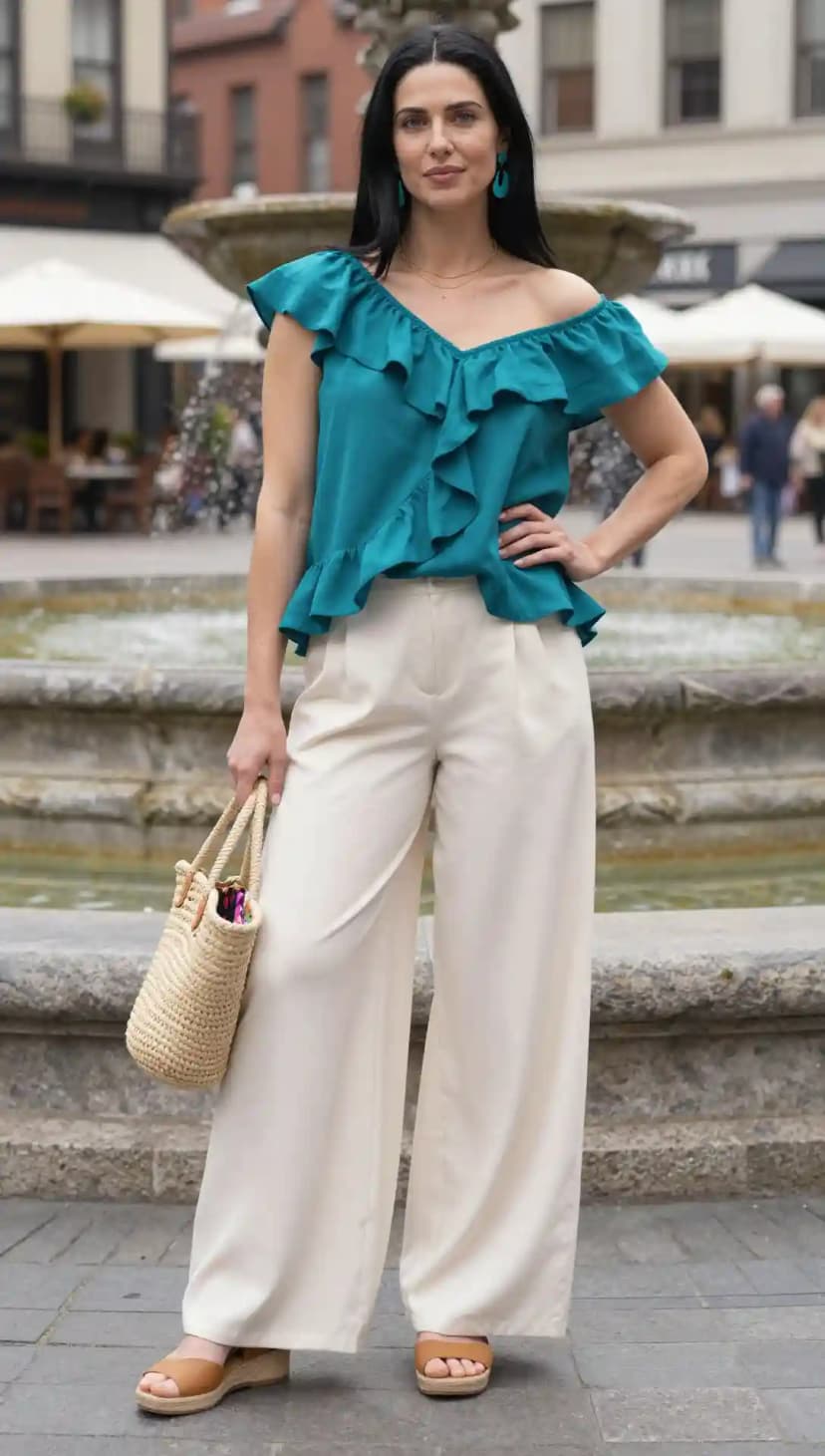 Teal Ruffled Off-The-Shoulder Top + Cream Wide-Leg Trousers