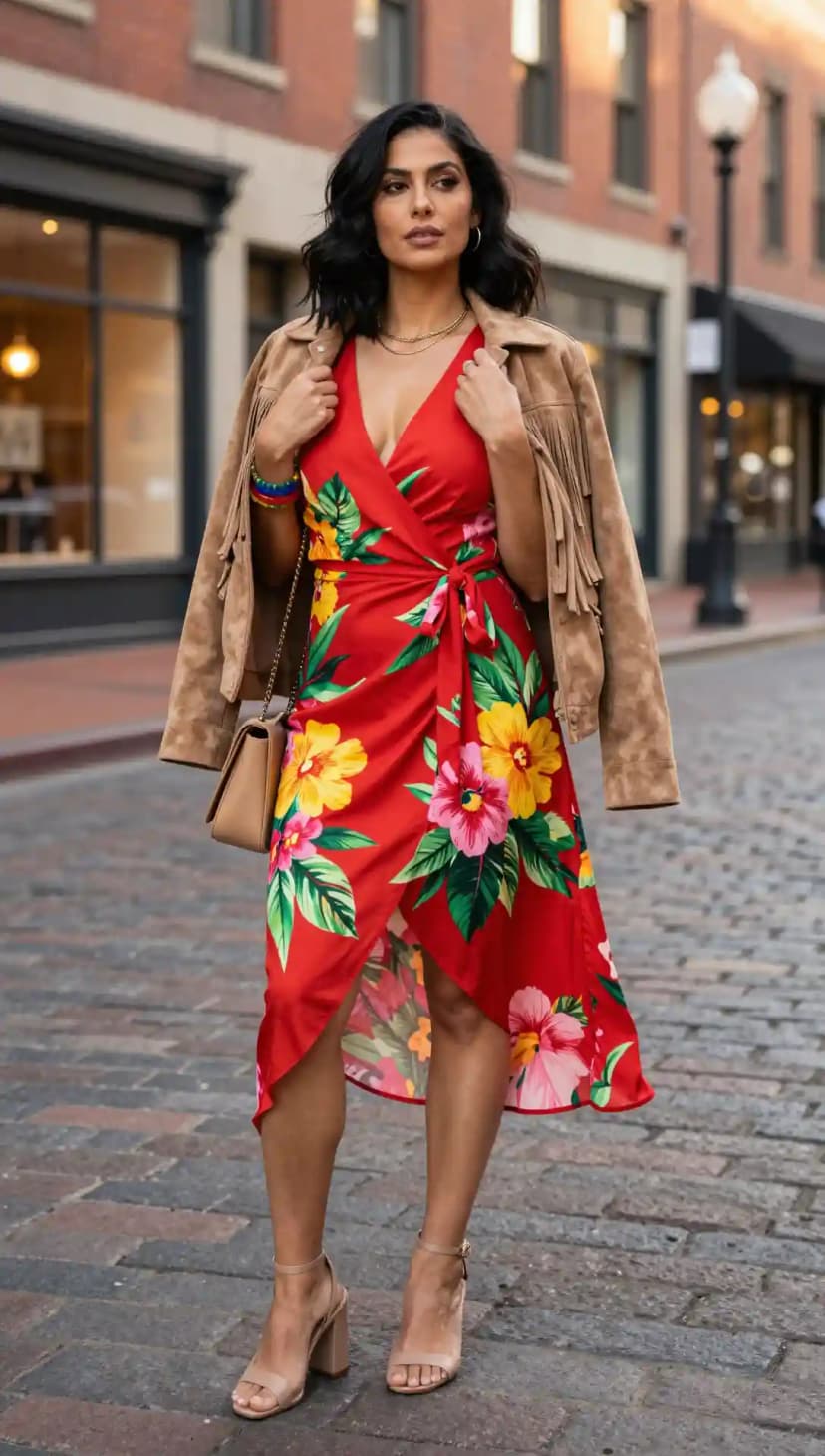 Red Floral Print Wrap Dress + Tan Suede Fringe Jacket