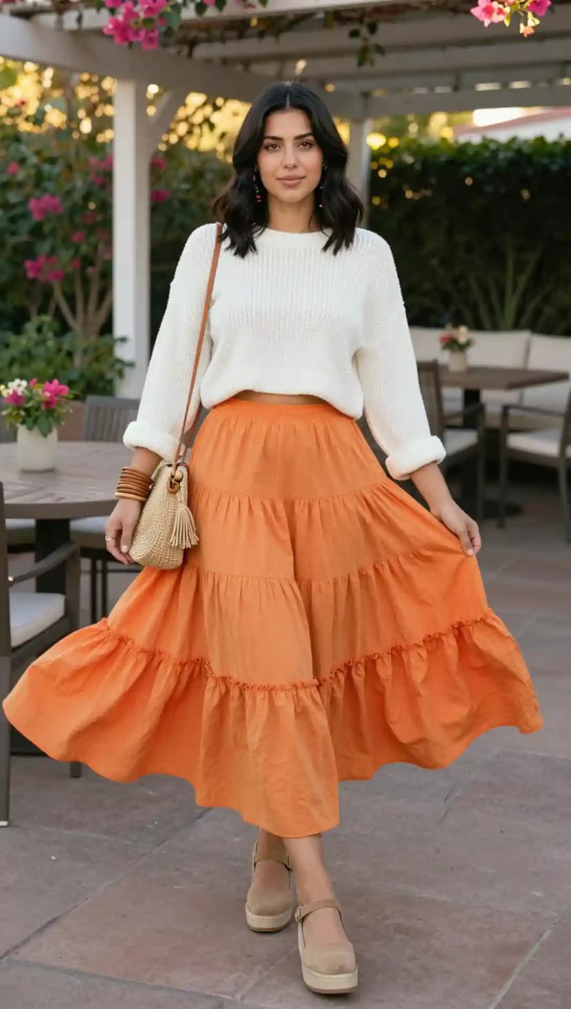 Cream Knit Sweater + Orange Tiered Maxi Skirt + Tan Platform Espadrilles