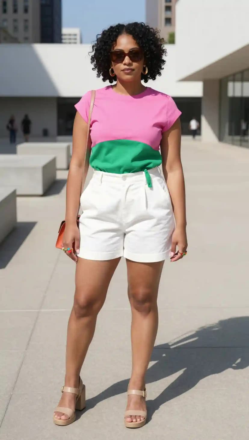 Pink Green Cotton T-Shirt + White Cotton Shorts