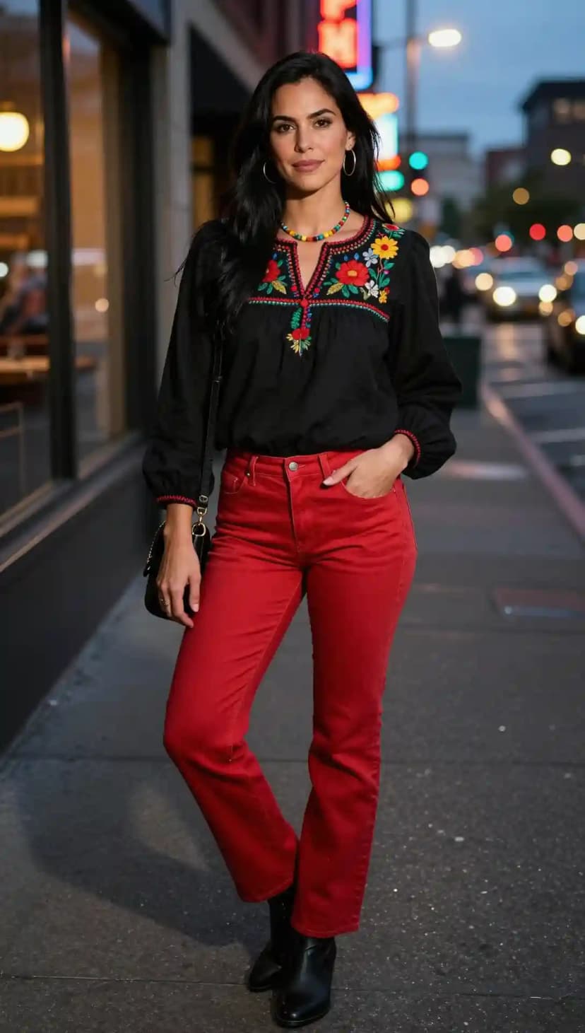 Black Embroidered Cotton Blouse + Red Denim Jeans + Black Leather Ankle Boots