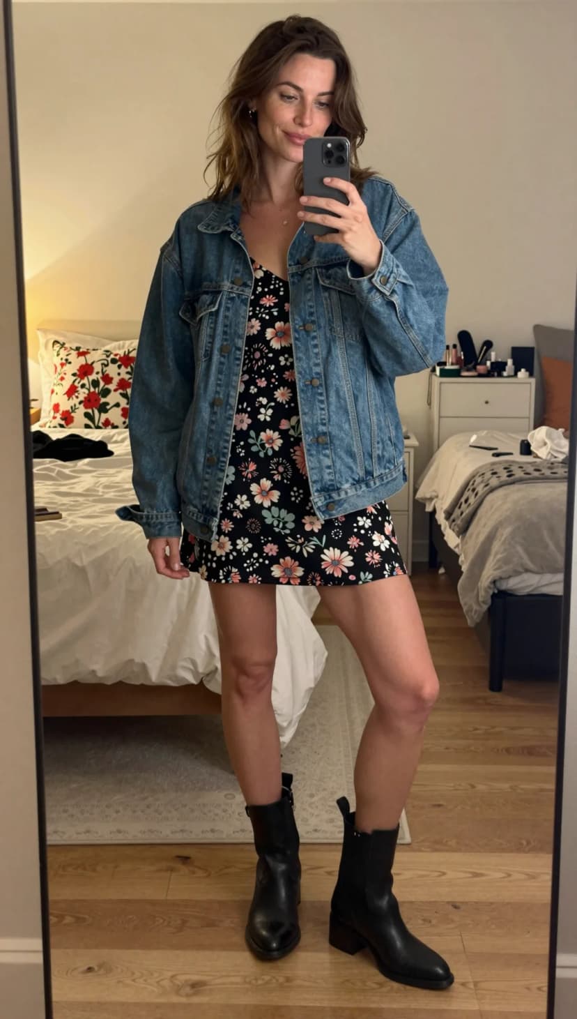 Black Floral Mini Dress + Blue Denim Jacket + Black Leather Boots