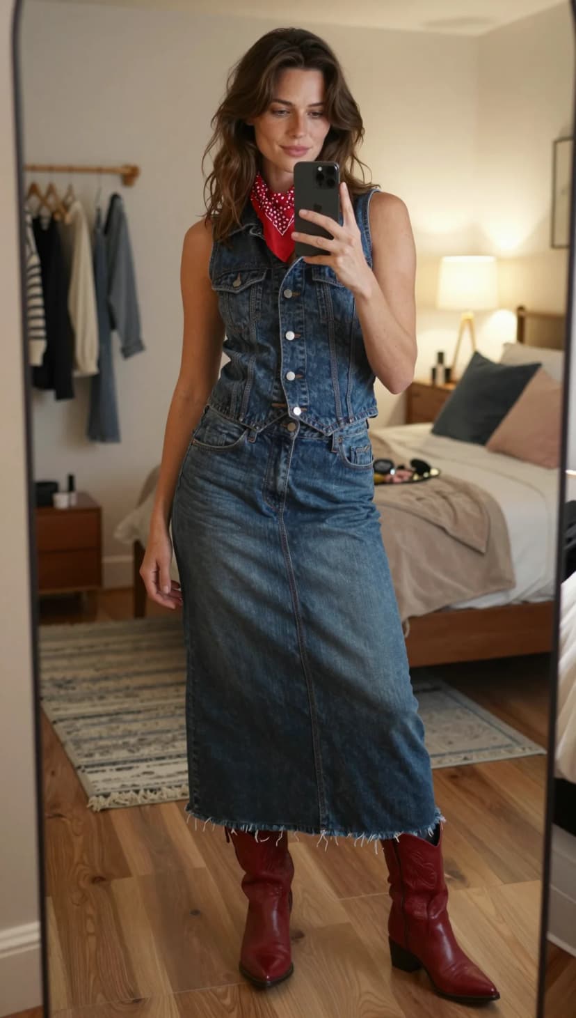 Blue Denim Vest + Blue Denim Maxi Skirt + Red Leather Boots + Red Bandana