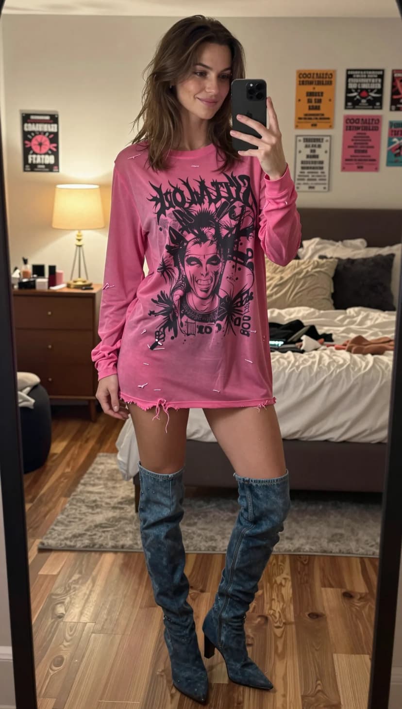 Pink Graphic Long-Sleeve T-Shirt + Denim Over-The-Knee Boots