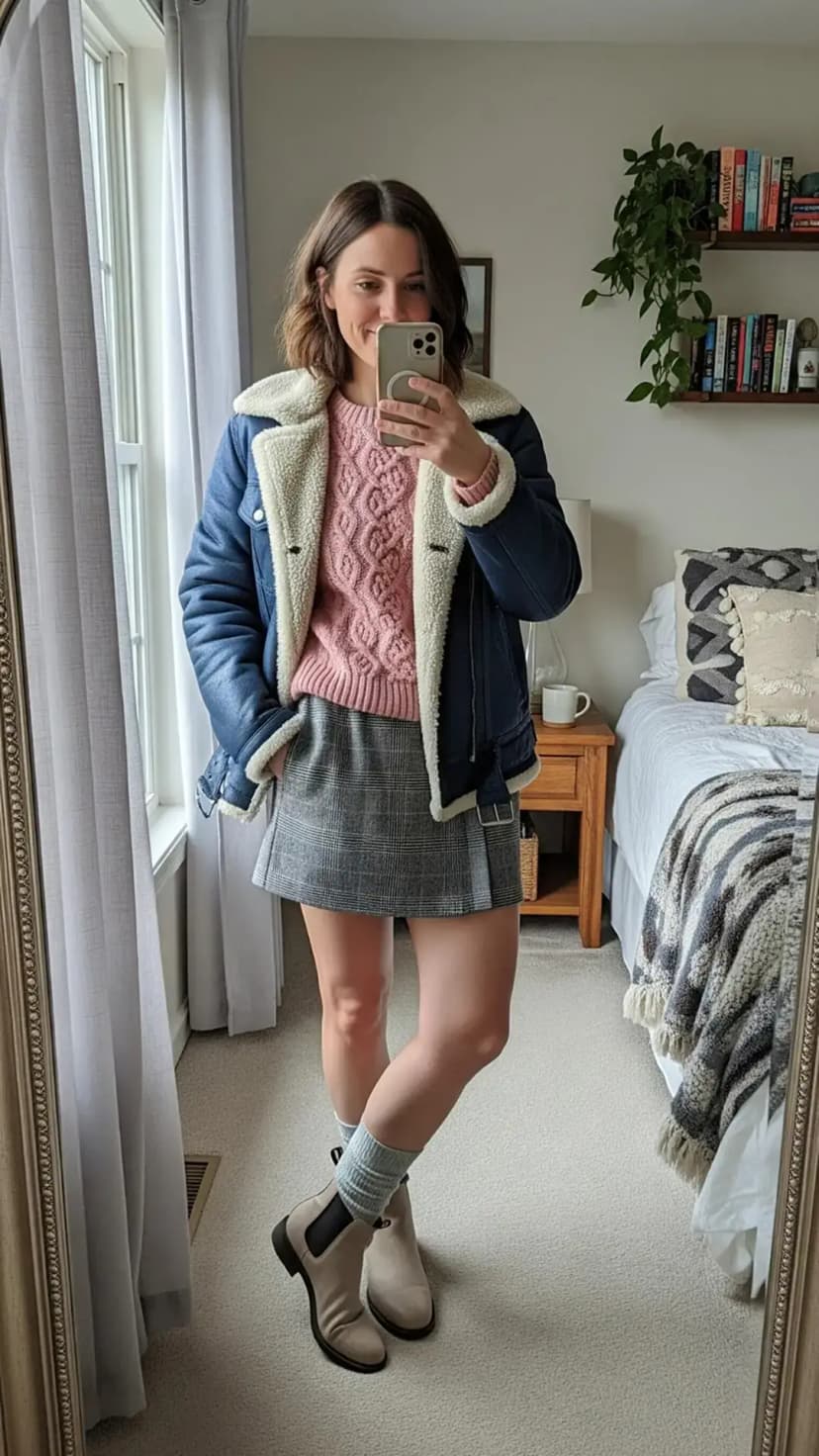 Navy Shearling Jacket + Pink Cable Knit Sweater + Plaid Mini Skirt + Chunky Chelsea Boots
