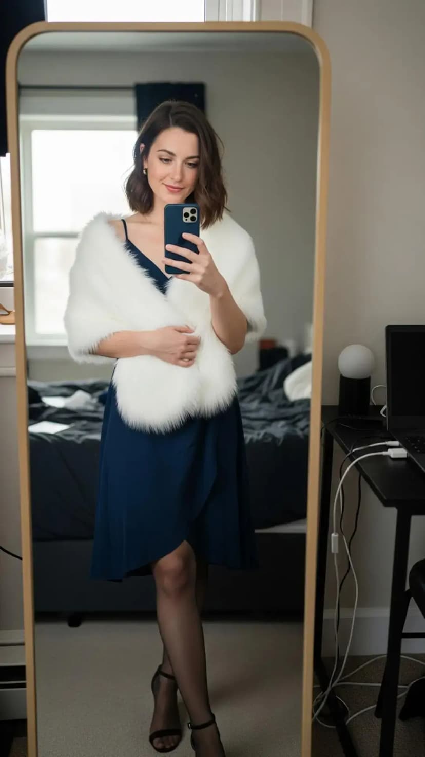 Navy Wrap Dress + White Faux Fur Stole + Sheer Tights + Black Strappy Heels