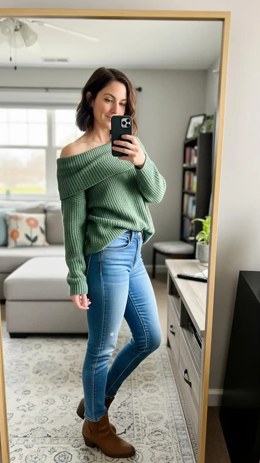 Green Off Shoulder Sweater + Skinny Jeans + Brown Ankle Boots