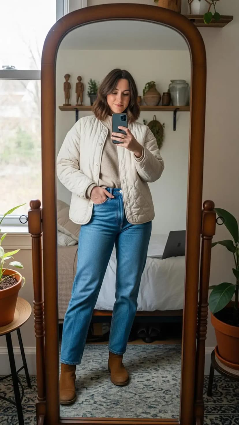 Cream Quilted Jacket + Beige Sweater + Straight Leg Jeans + Brown Ankle Boots