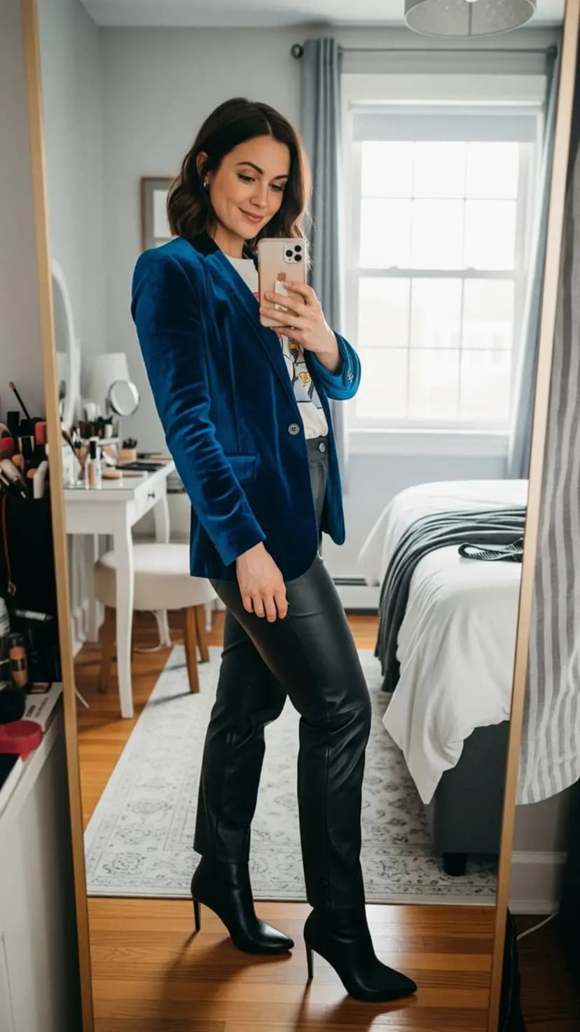 Blue Velvet Blazer + Graphic Tee + Faux Leather Pants + Black Heeled Boots