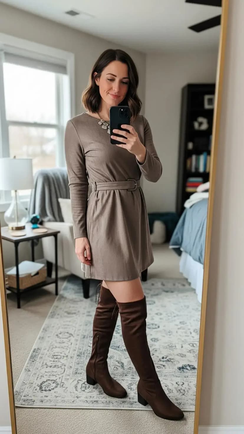 Taupe Sweater Dress + Brown Over The Knee Boots + Statement Necklace