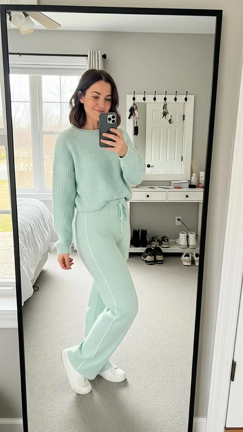 Mint Knit Sweater + Mint Knit Pants + White Sneakers