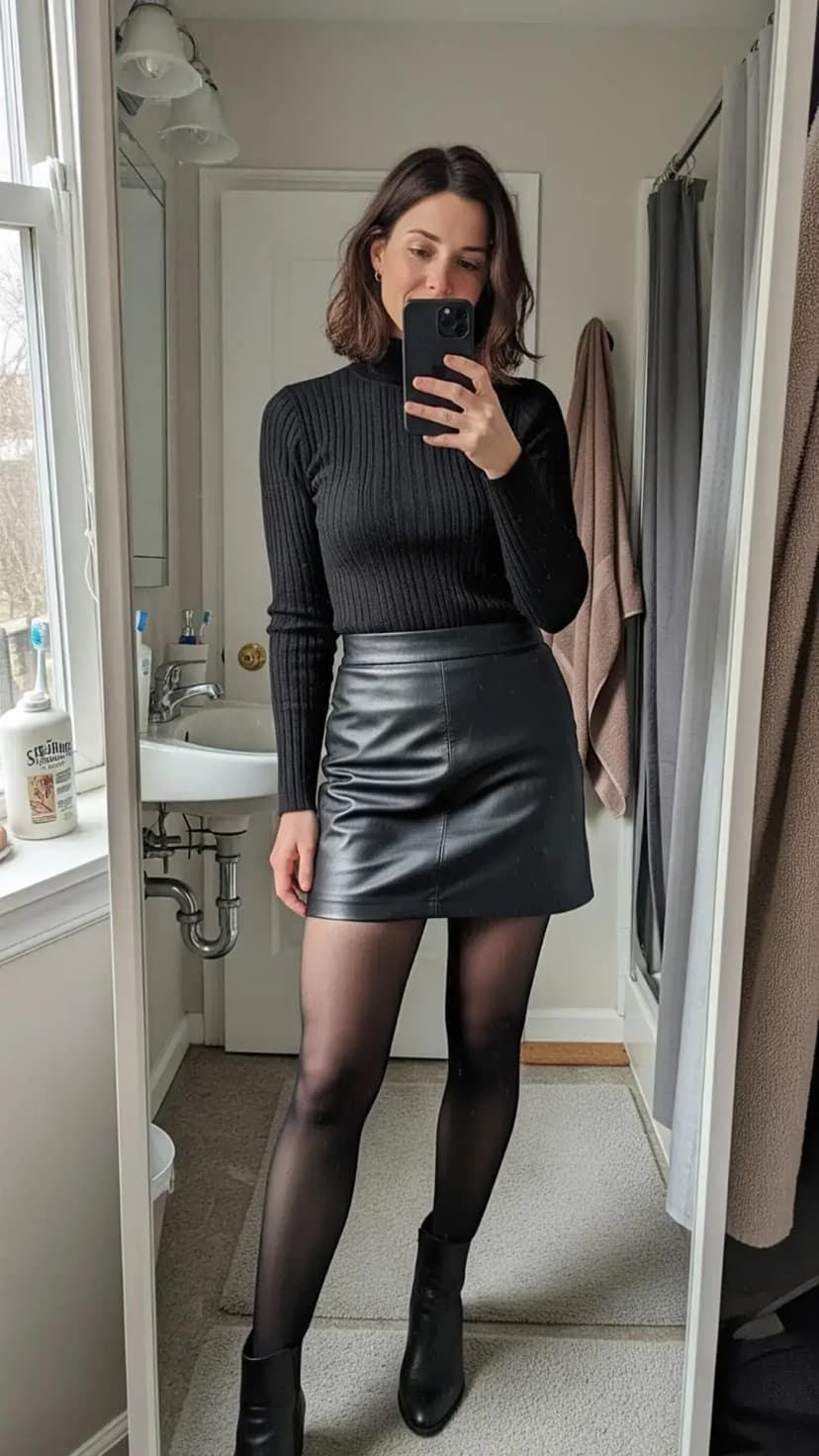 Black Ribbed Turtleneck + Faux Leather Mini Skirt + Sheer Tights + Black Ankle Boots