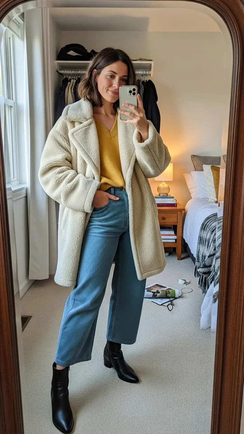 Cream Teddy Coat + Mustard Sweater + Wide-Leg Jeans + Black Ankle Boots
