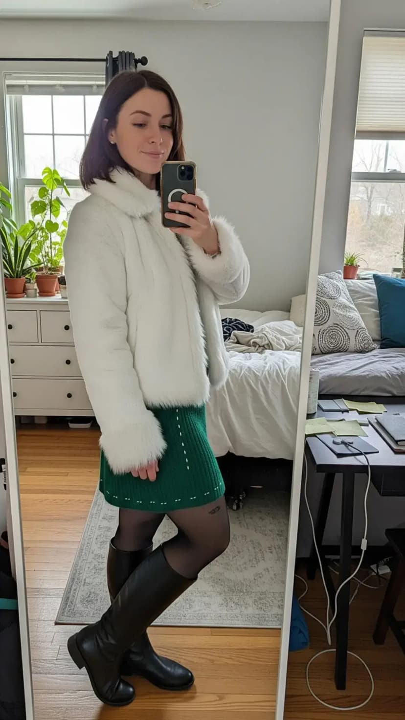 White Faux Fur Jacket + Green Knit Mini Dress + Sheer Tights + Black Knee-High Boots