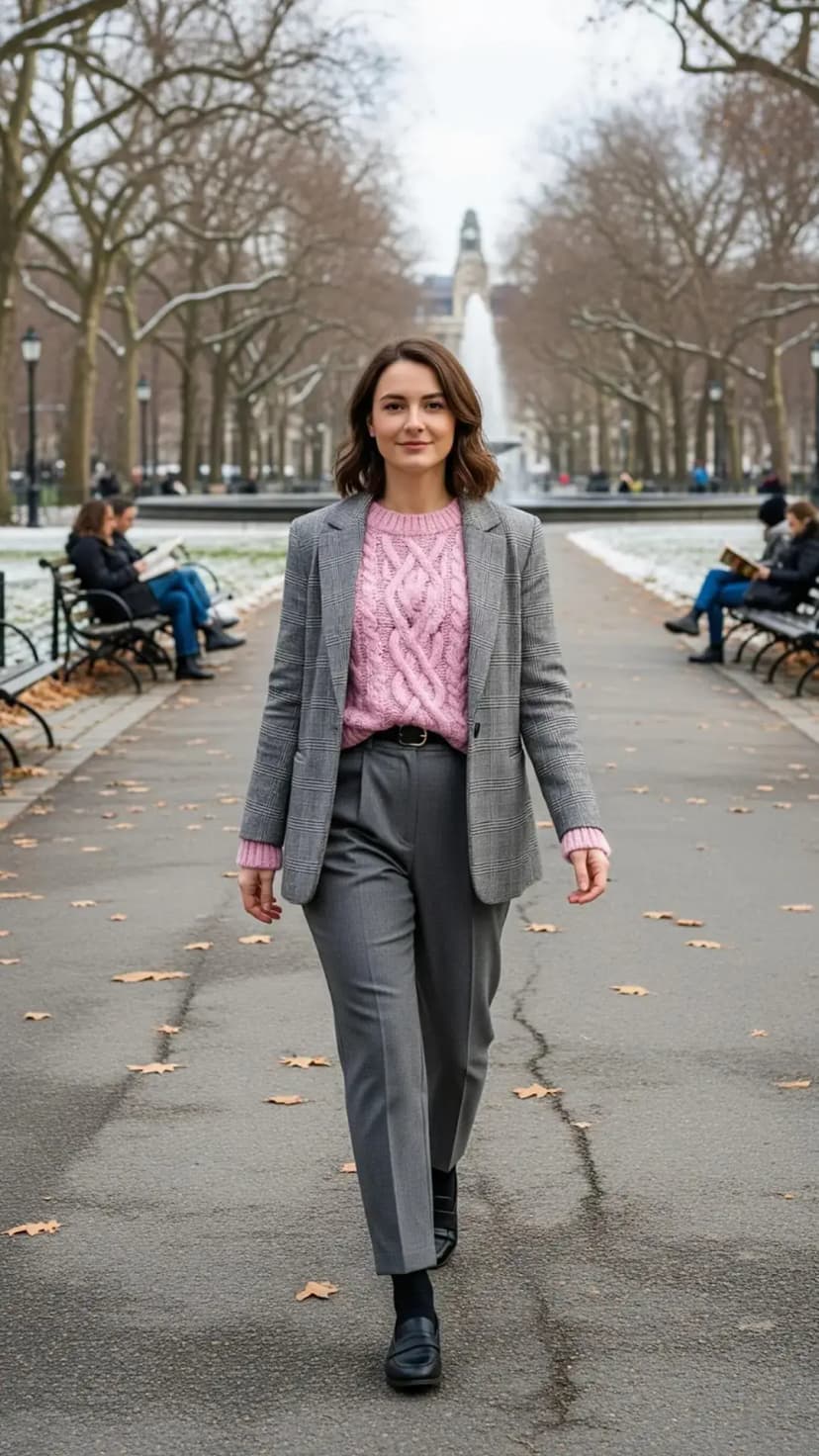 Grey Plaid Blazer + Pink Cable Knit Sweater + Grey Trousers + Black Loafers