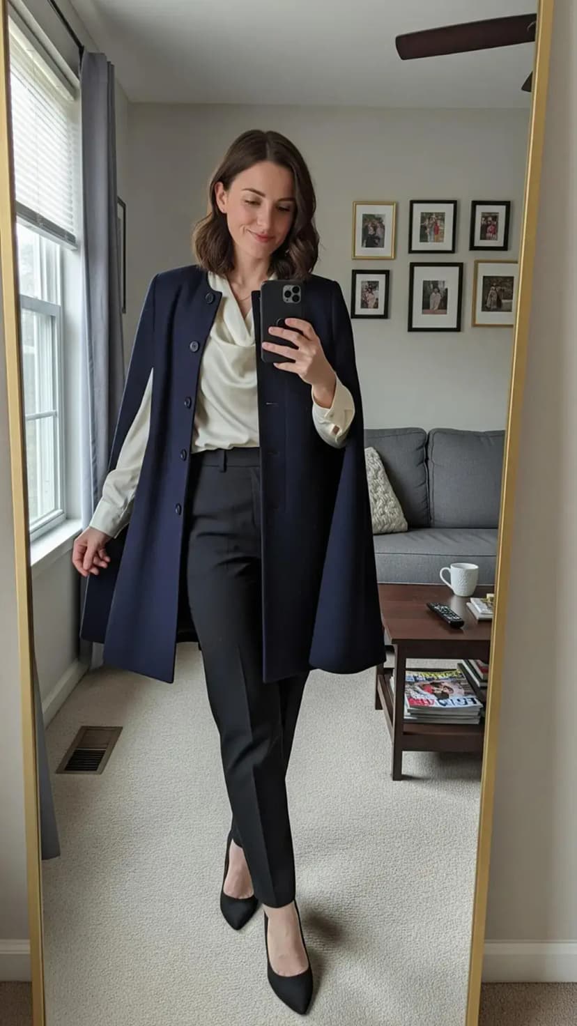 Navy Cape Coat + Ivory Blouse + Black Tailored Trousers + Black Pointed Heels