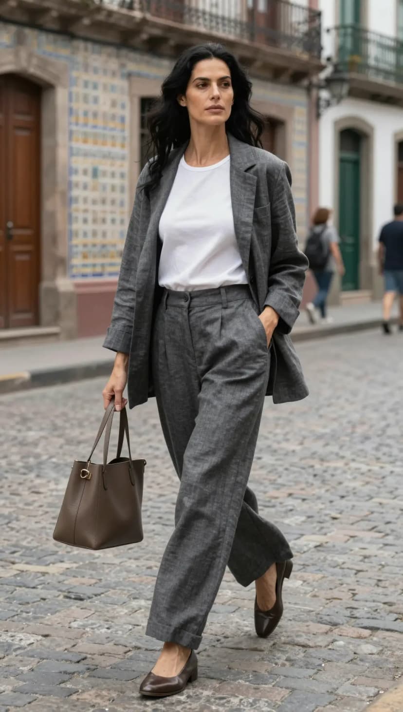 Grey Linen Blazer + White Cotton T-shirt + Grey Linen Trousers + Brown Leather Heels + Brown Leather Tote Bag