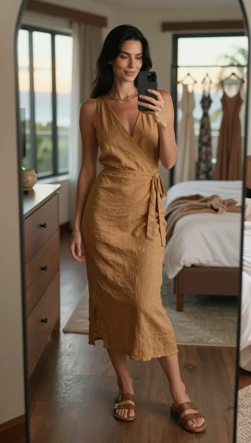 Camel Linen Wrap Midi Dress + Brown Leather Double Strap Slides + Gold Chain Necklace