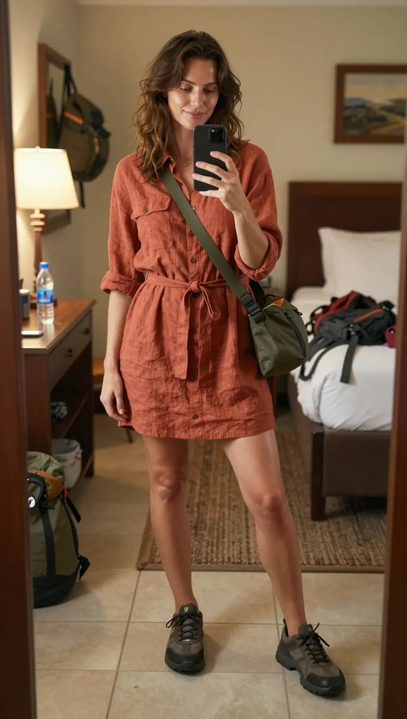 Rust Linen Shirt Dress + Khaki Crossbody Bag + Grey Hiking Shoes