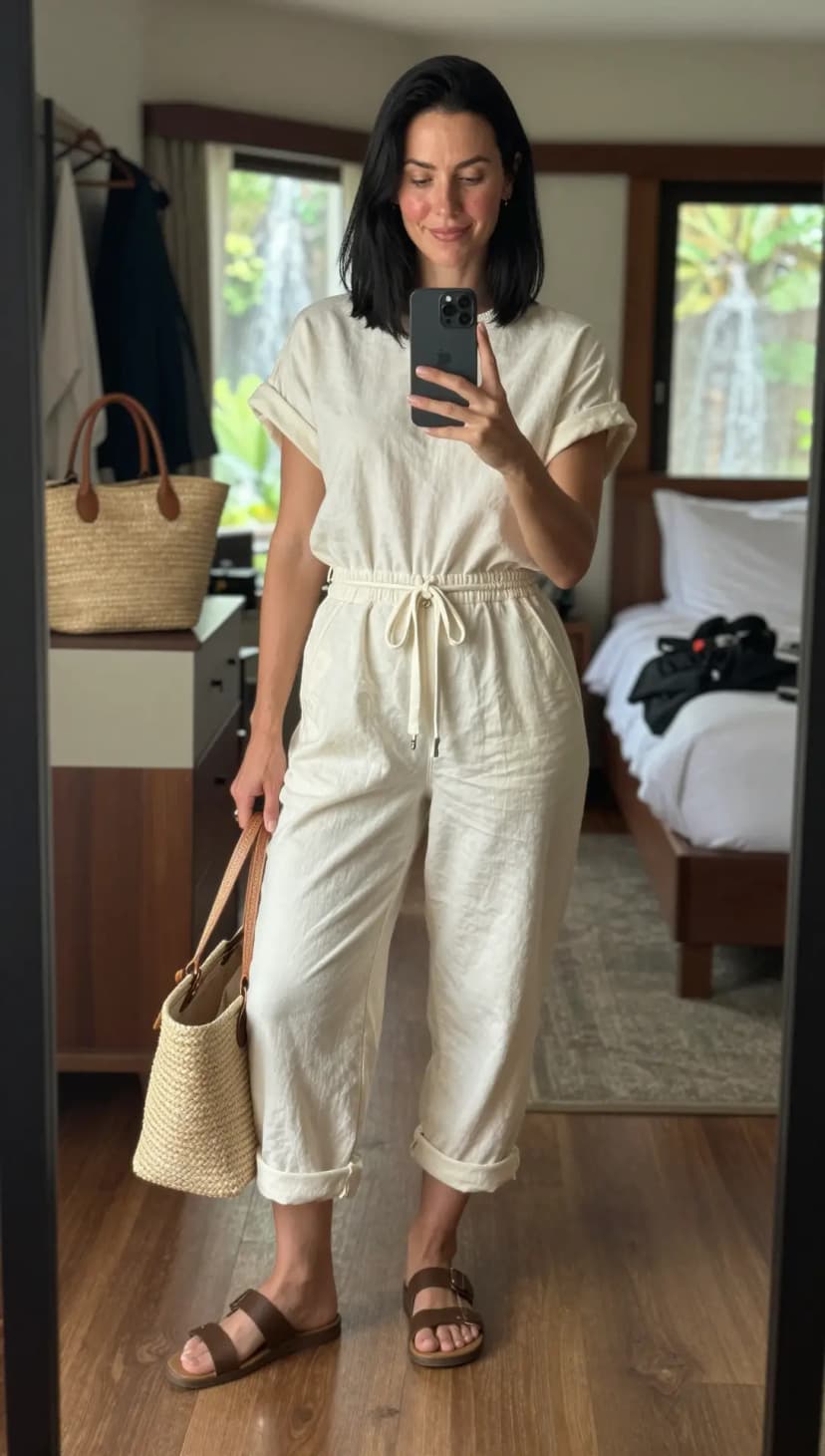 Cream Linen Utility Jumpsuit + Brown Leather Double Strap Sandals + Woven Straw Tote Bag