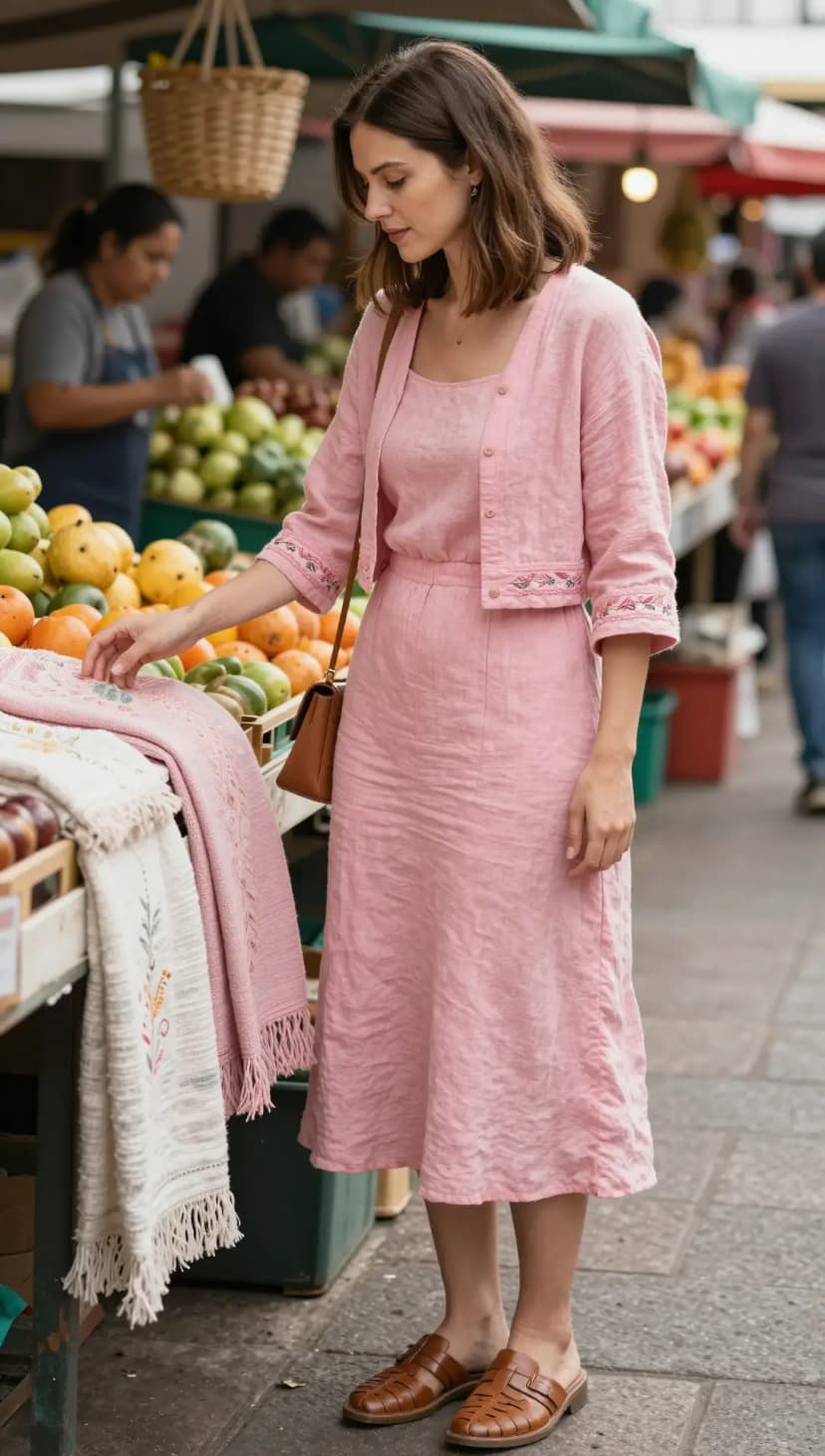 Pink Linen Midi Dress + Pink Linen Cropped Cardigan + Brown Leather Mules