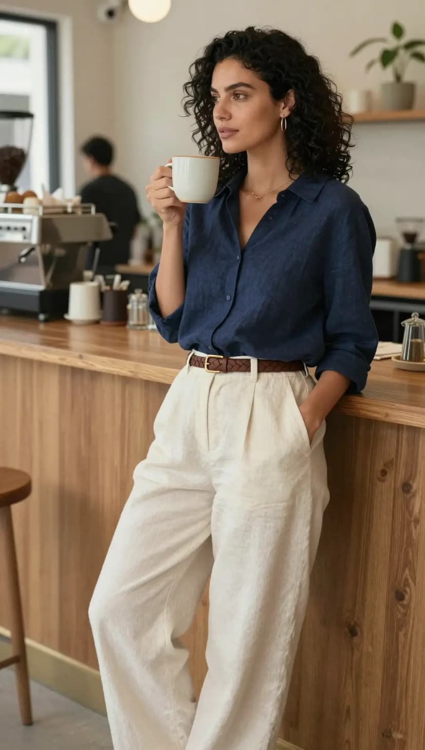 Navy Linen Button-Up Shirt + Cream Linen Wide-Leg Pants + Brown Braided Leather Belt