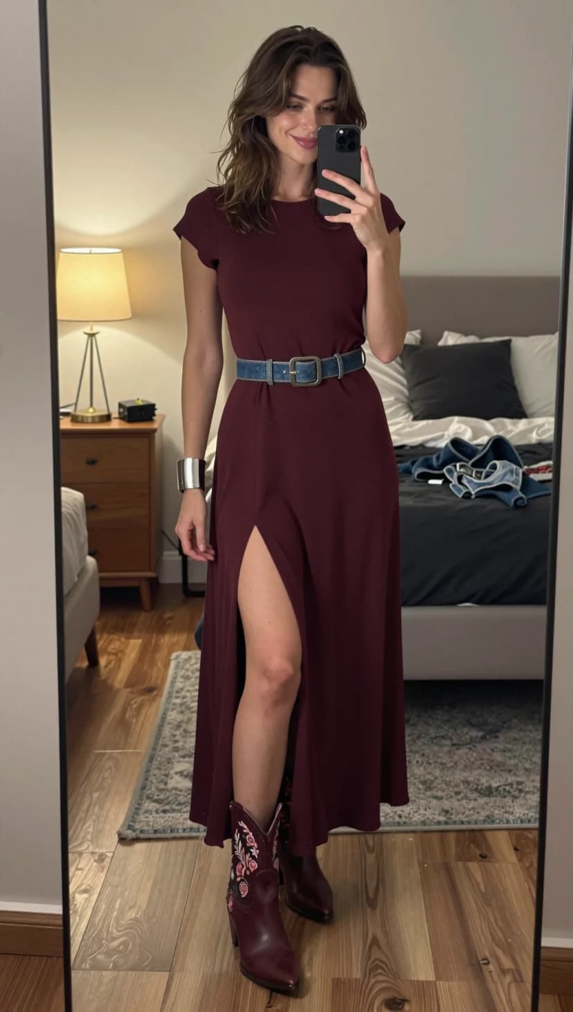 Burgundy Jersey Maxi Dress + Denim Belt + Embroidered Western Boots