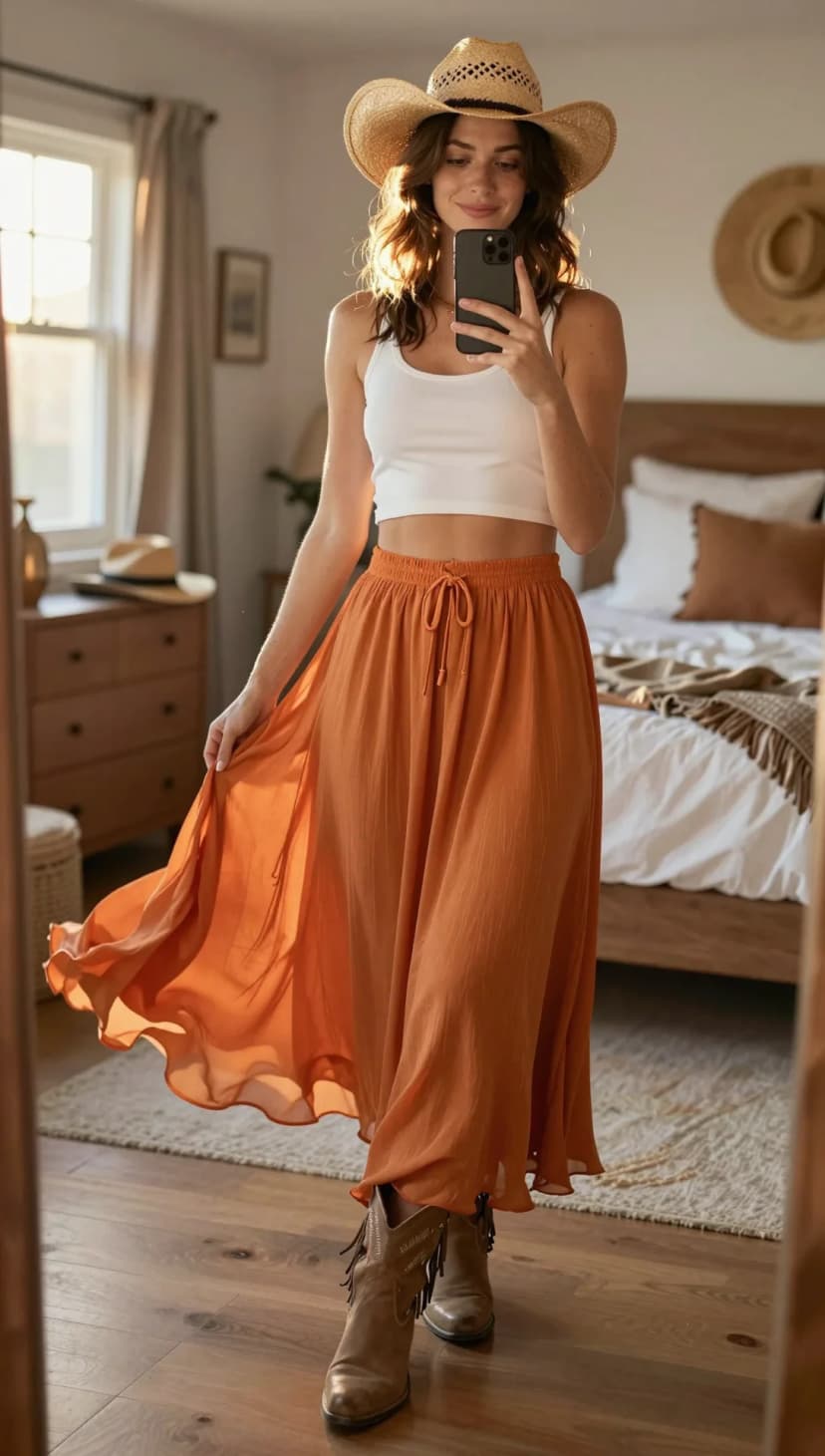 White Ribbed Tank Top + Burnt Orange Gauze Maxi Skirt + Tan Fringed Ankle Boots + Straw Cowboy Hat