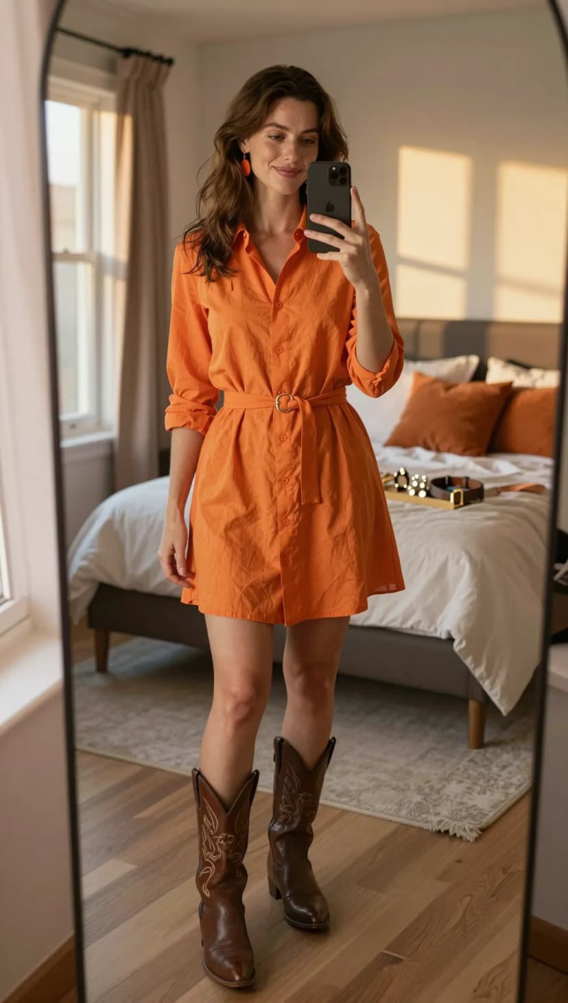 Orange Linen Shirtdress + Brown Leather Cowboy Boots