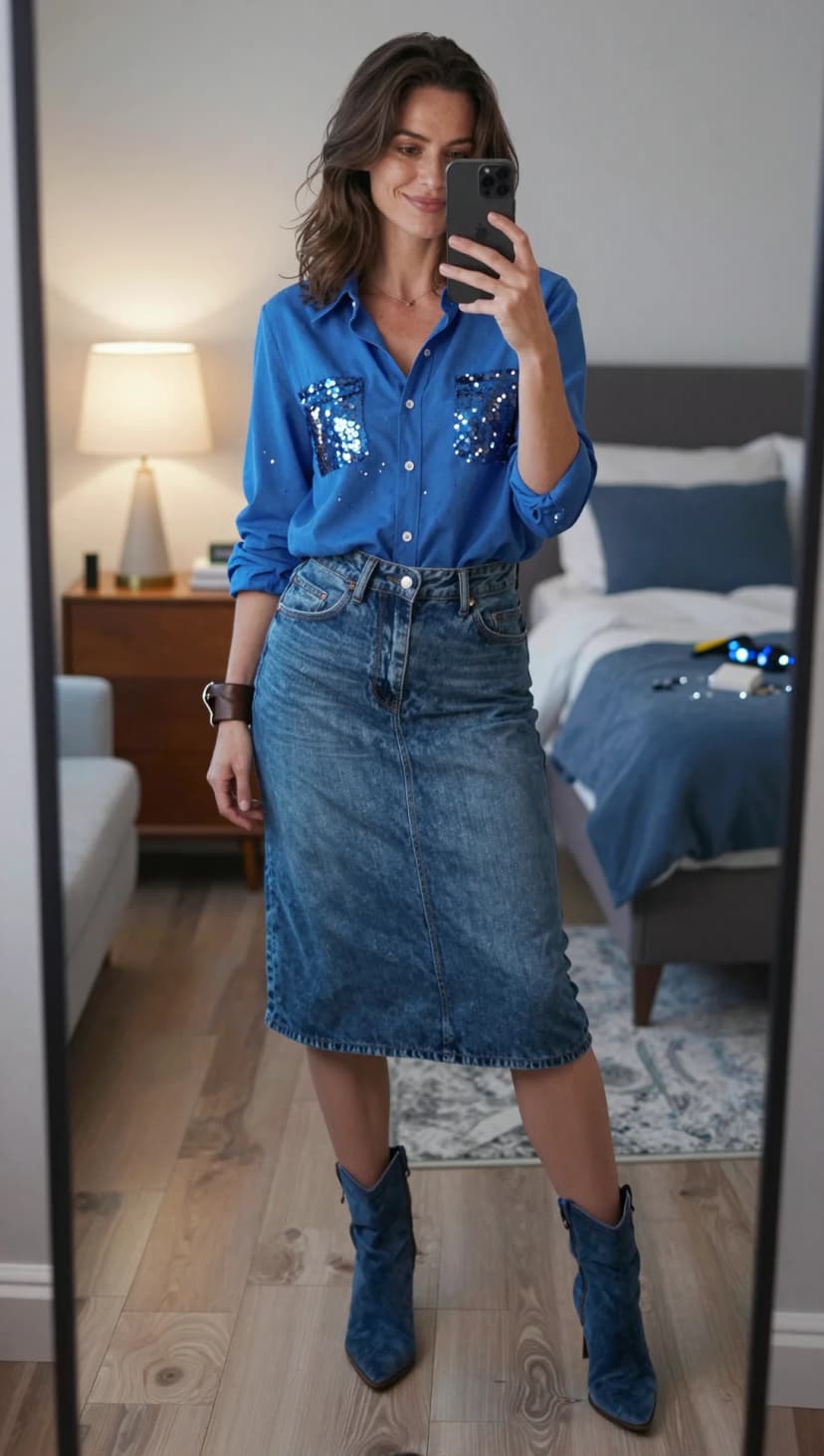 Royal Blue Sequin Pocket Shirt + Medium Wash Denim Midi Skirt + Royal Blue Suede Ankle Boots