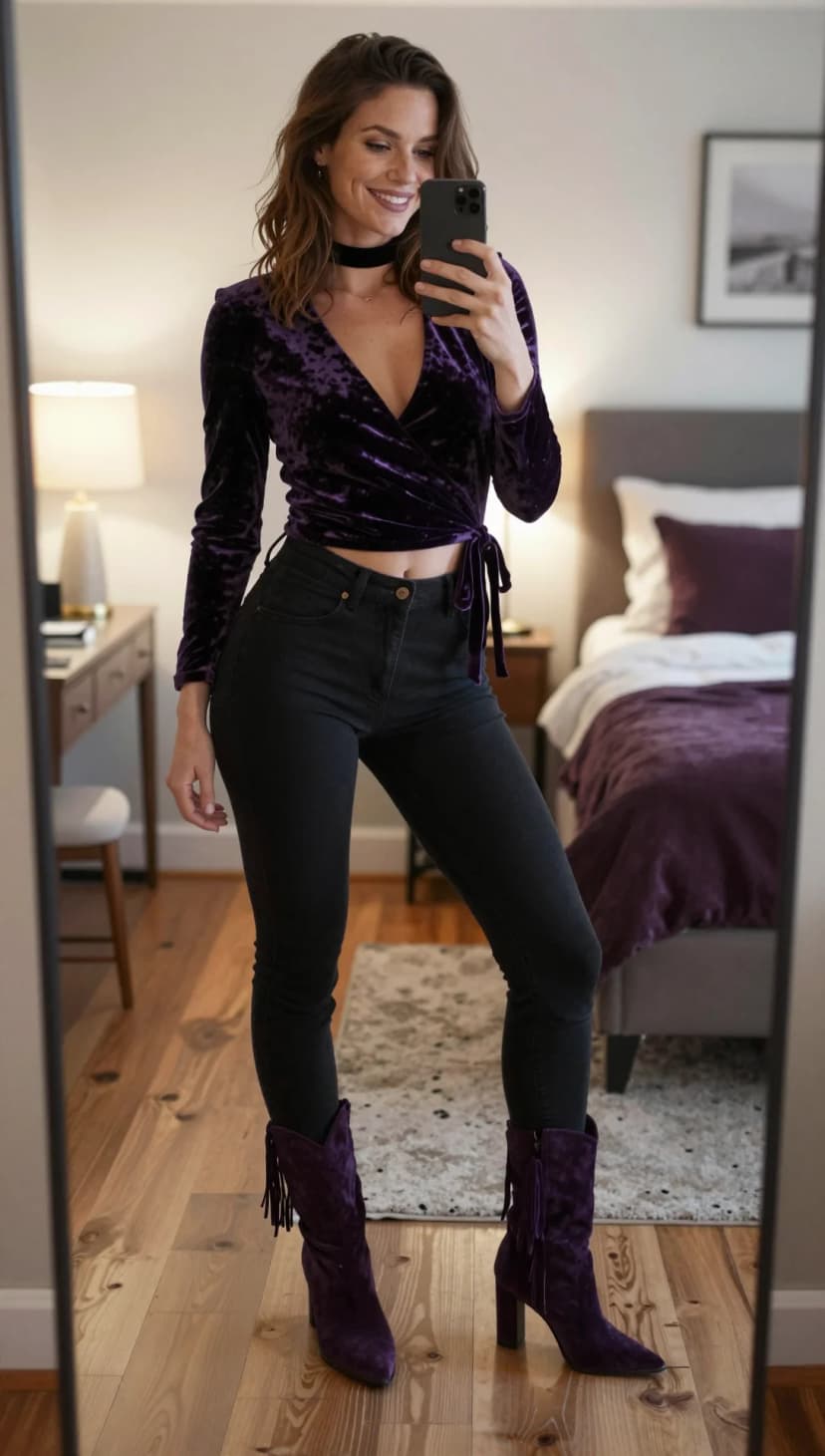 Purple Velvet Wrap Top + Black Skinny Jeans + Purple Suede Fringe Boots